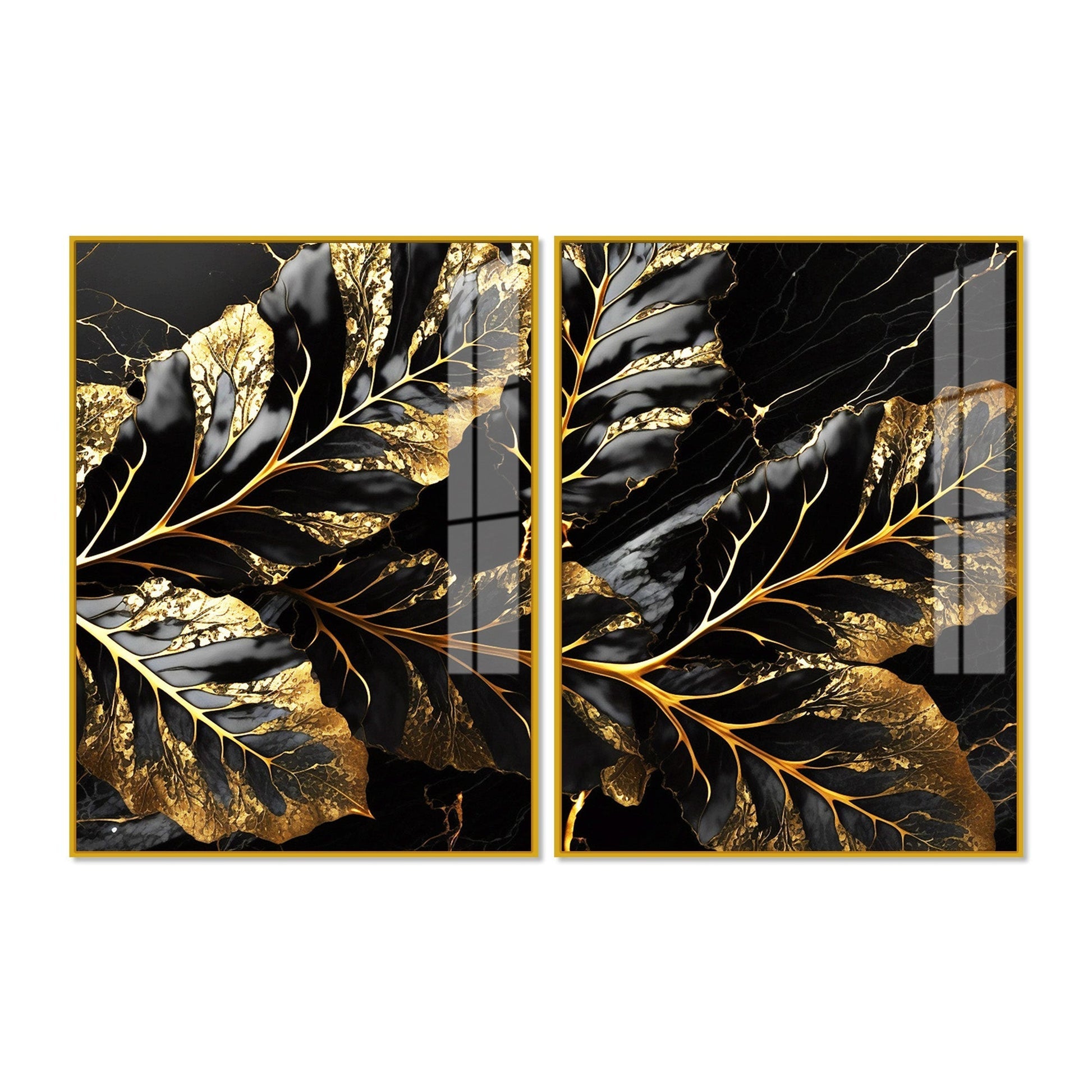 Beautiful Leaf Golden Textural Art Acrylic Floating Wall Painting Set of 2