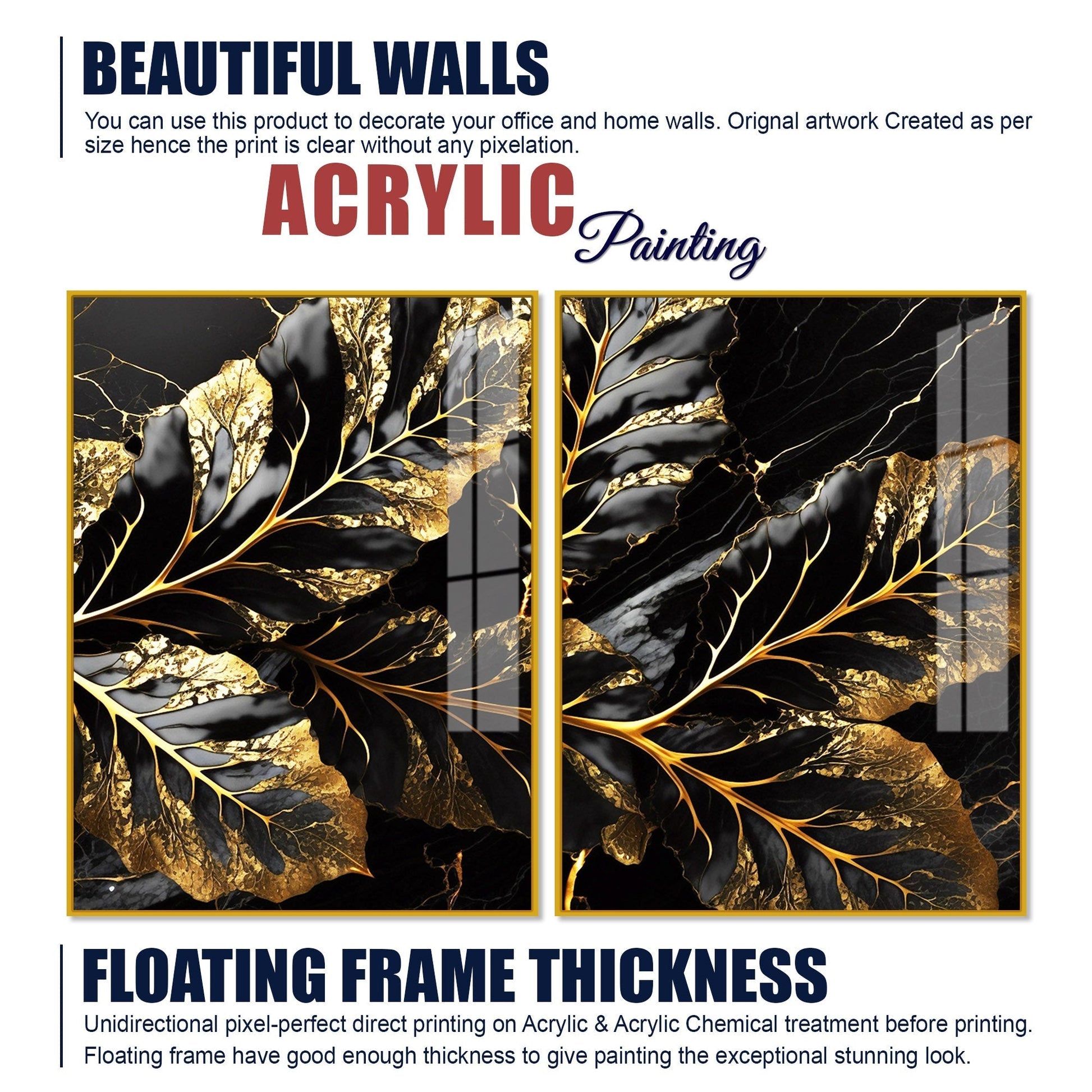 Beautiful Leaf Golden Textural Art Acrylic Floating Wall Painting Set of 2