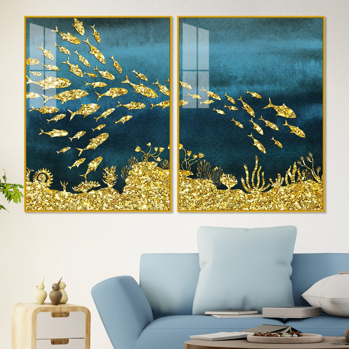 Beautiful Ocean View of Golden Fish Pattern Acrylic Floating Wall Paintings Set of 2