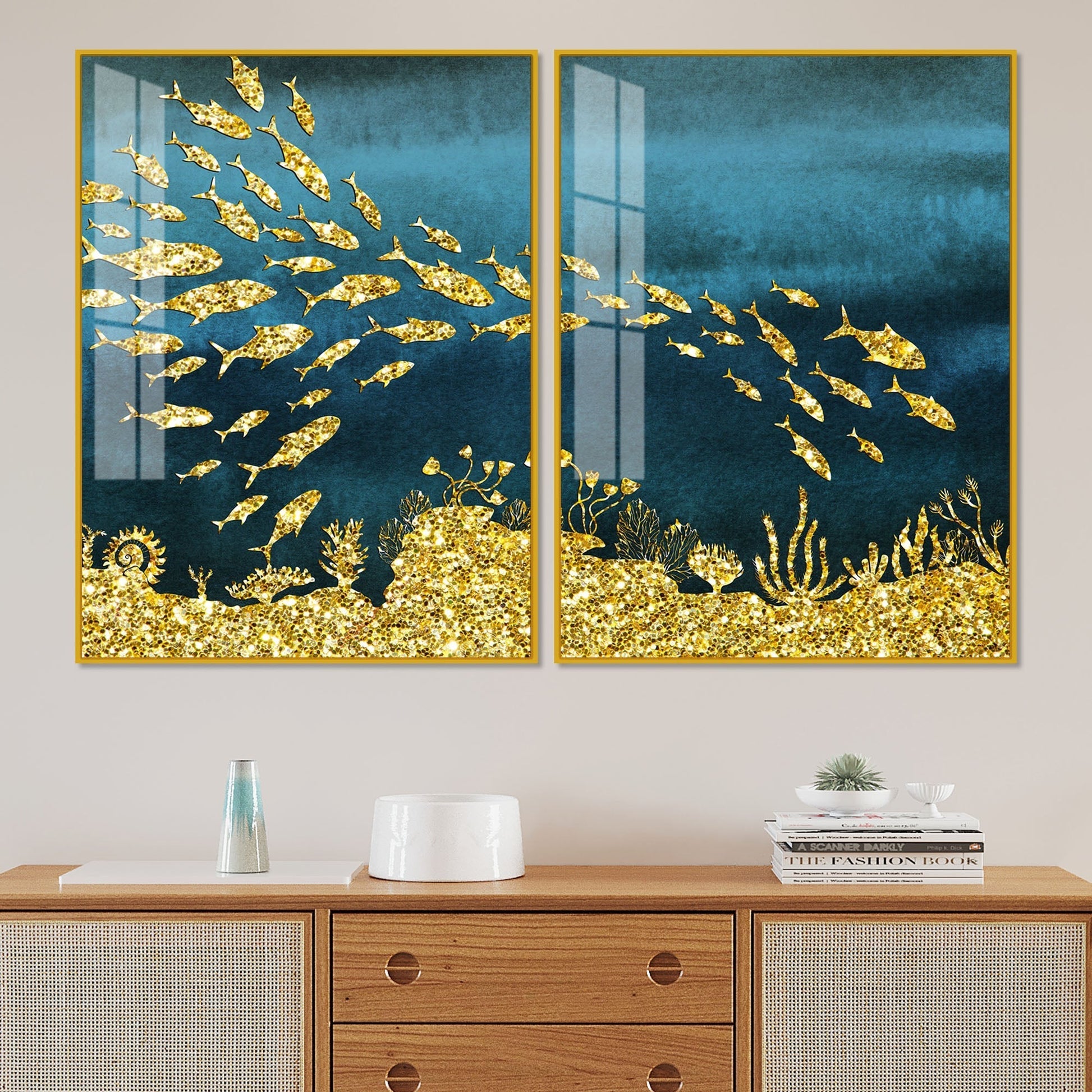 Beautiful Ocean View of Golden Fish Pattern Acrylic Floating Wall Paintings Set of 2