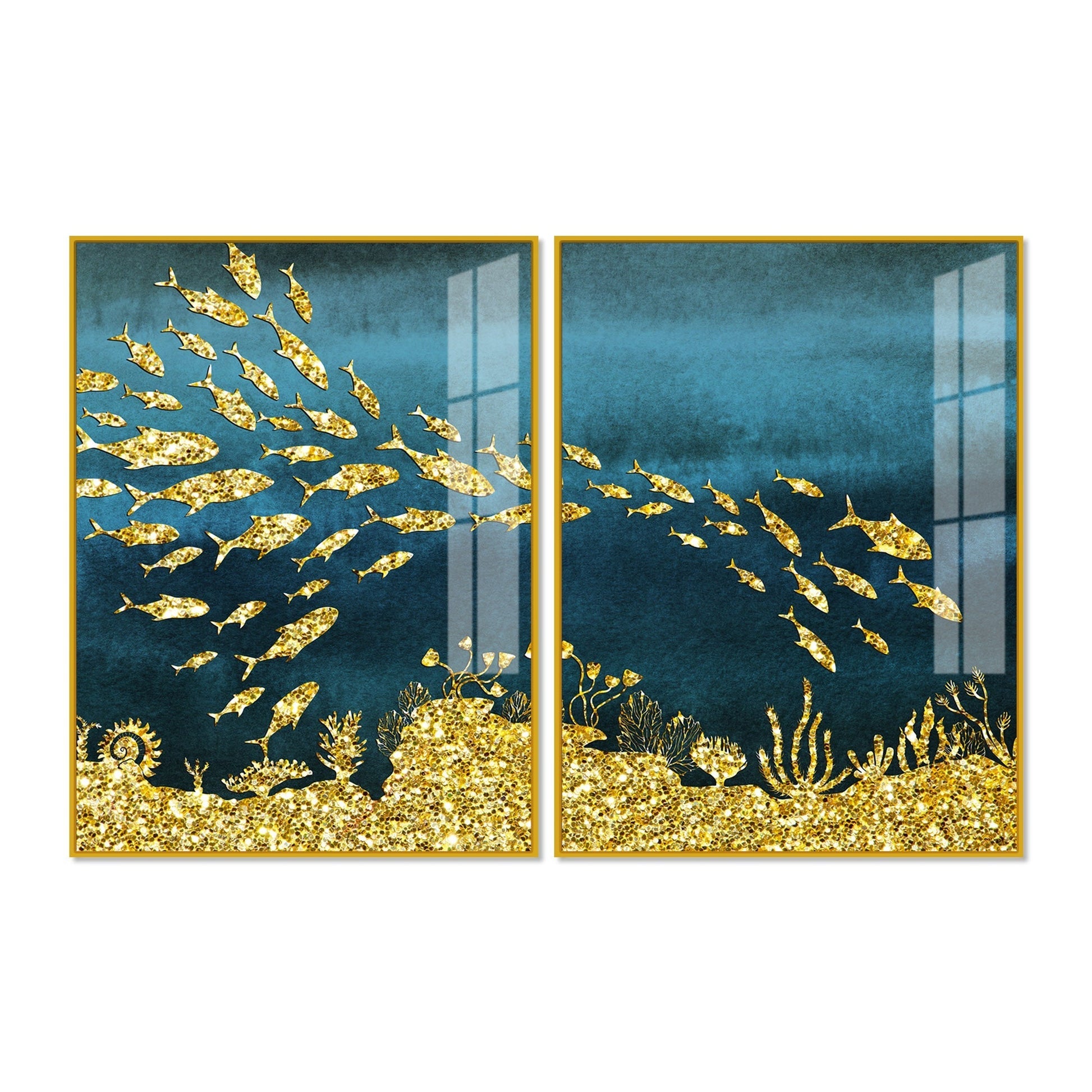 Beautiful Ocean View of Golden Fish Pattern Acrylic Floating Wall Paintings Set of 2