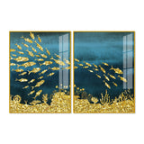 Beautiful Ocean View of Golden Fish Pattern Acrylic Floating Wall Paintings Set of 2