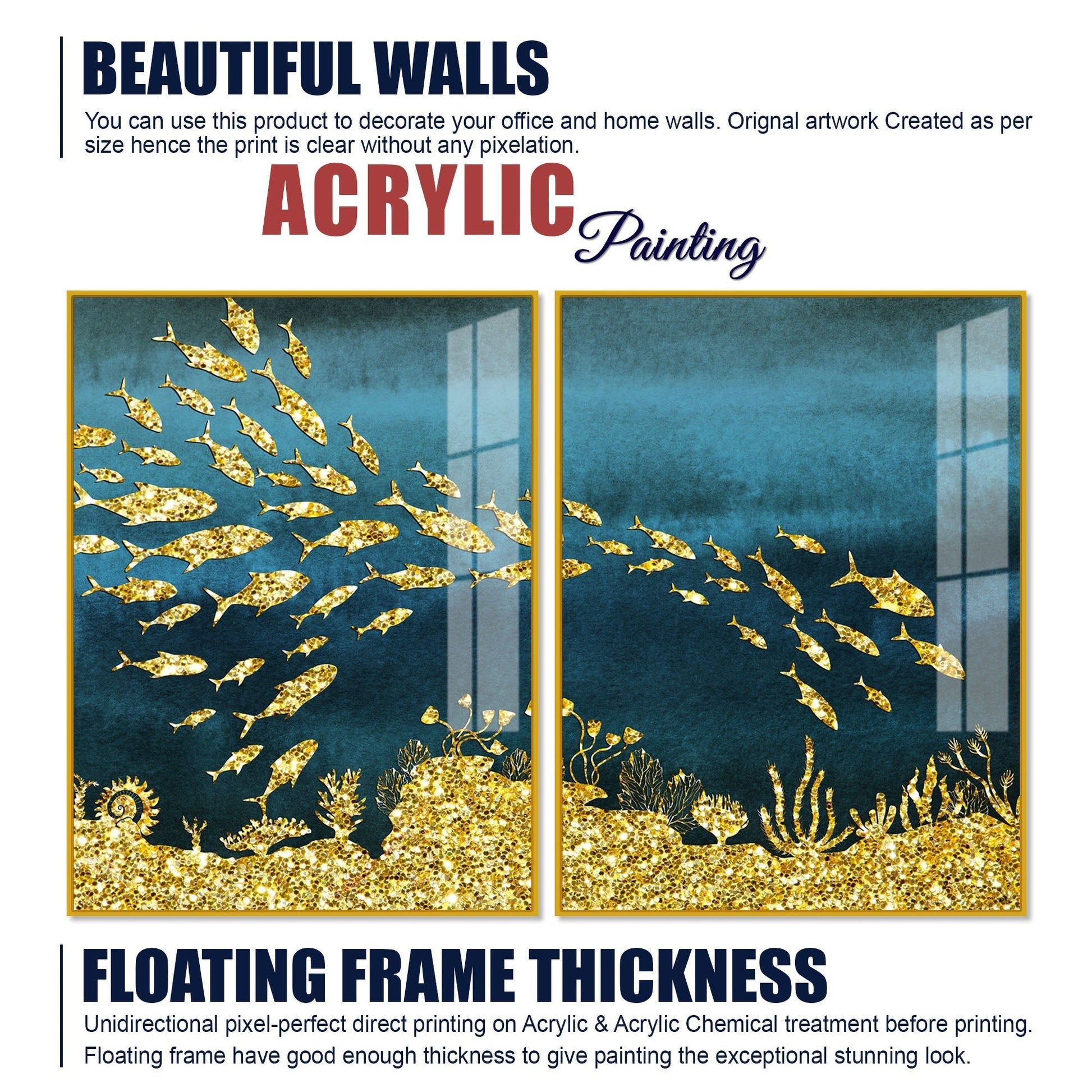 Beautiful Ocean View of Golden Fish Pattern Acrylic Floating Wall Paintings Set of 2