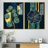 Blue Flower and Green Plant Acrylic Floating Wall Painting Set of 2