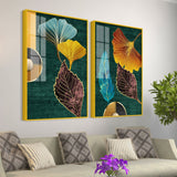 Colorful Golden Lines Leaves Acrylic Floating Wall Painting Set of 2