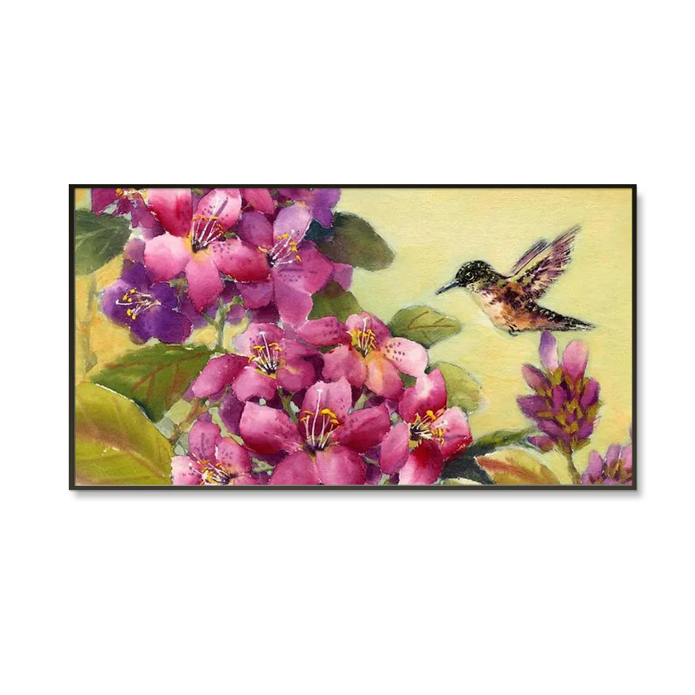 Beautiful Flower Bunch and Humming Bird Canvas  Wall Painting