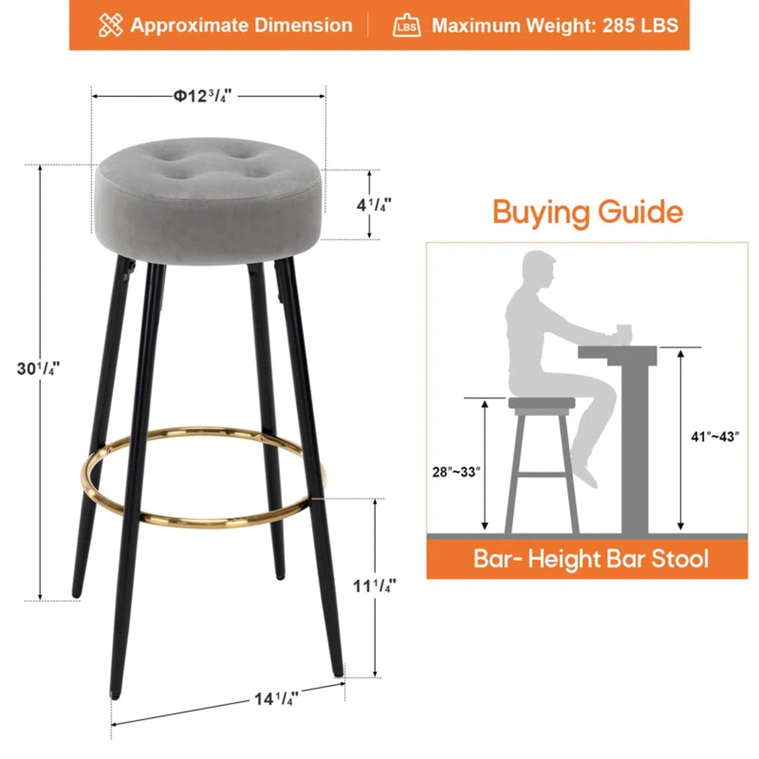Plush Comfy Velvet Grey Bar Stool / High Stool