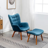 Tufted Curvy Long Back Sea Blue Lounge Chair With Ottoman