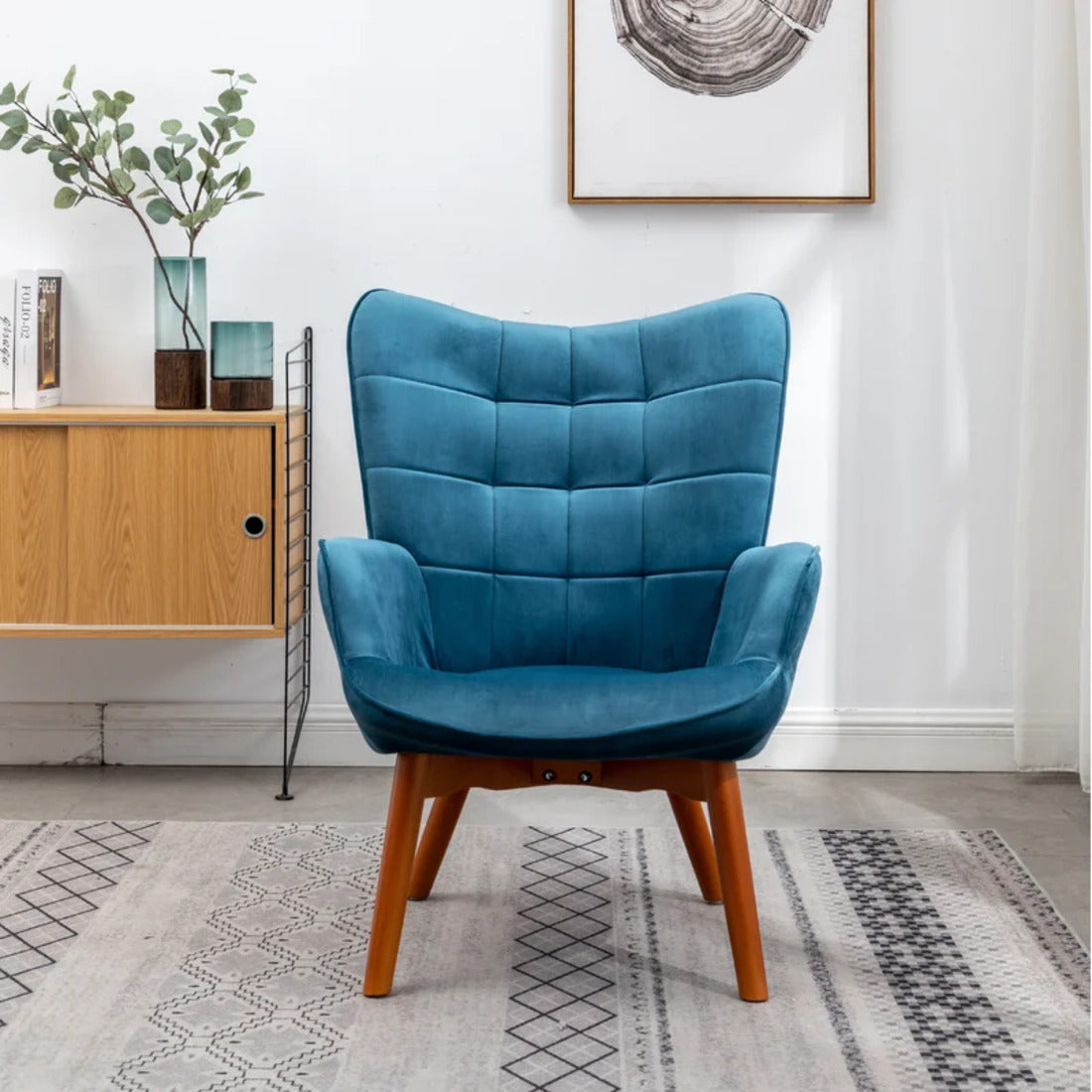 Tufted Curvy Long Back Sea Blue Lounge Chair With Ottoman