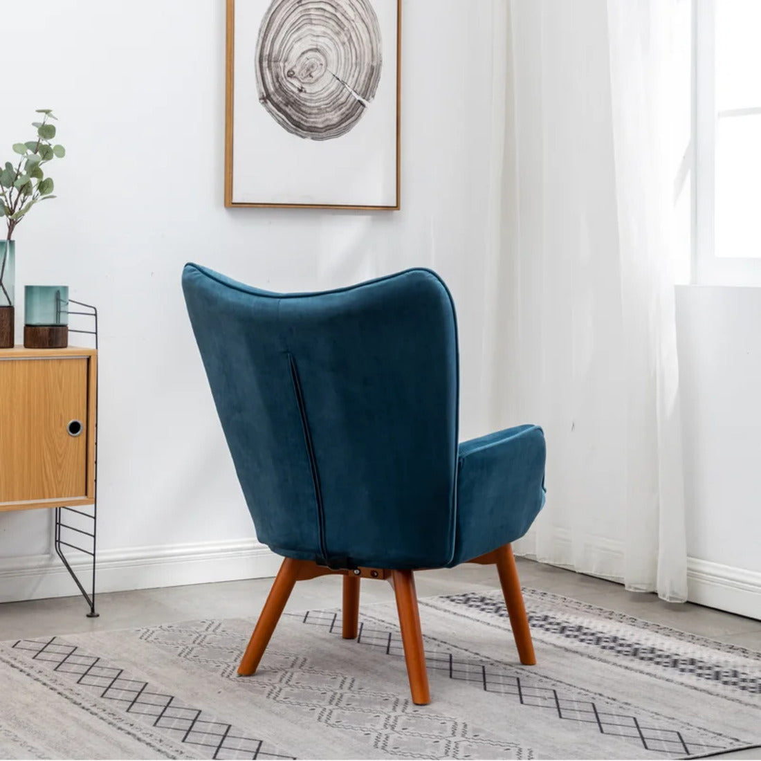 Tufted Curvy Long Back Sea Blue Lounge Chair With Ottoman