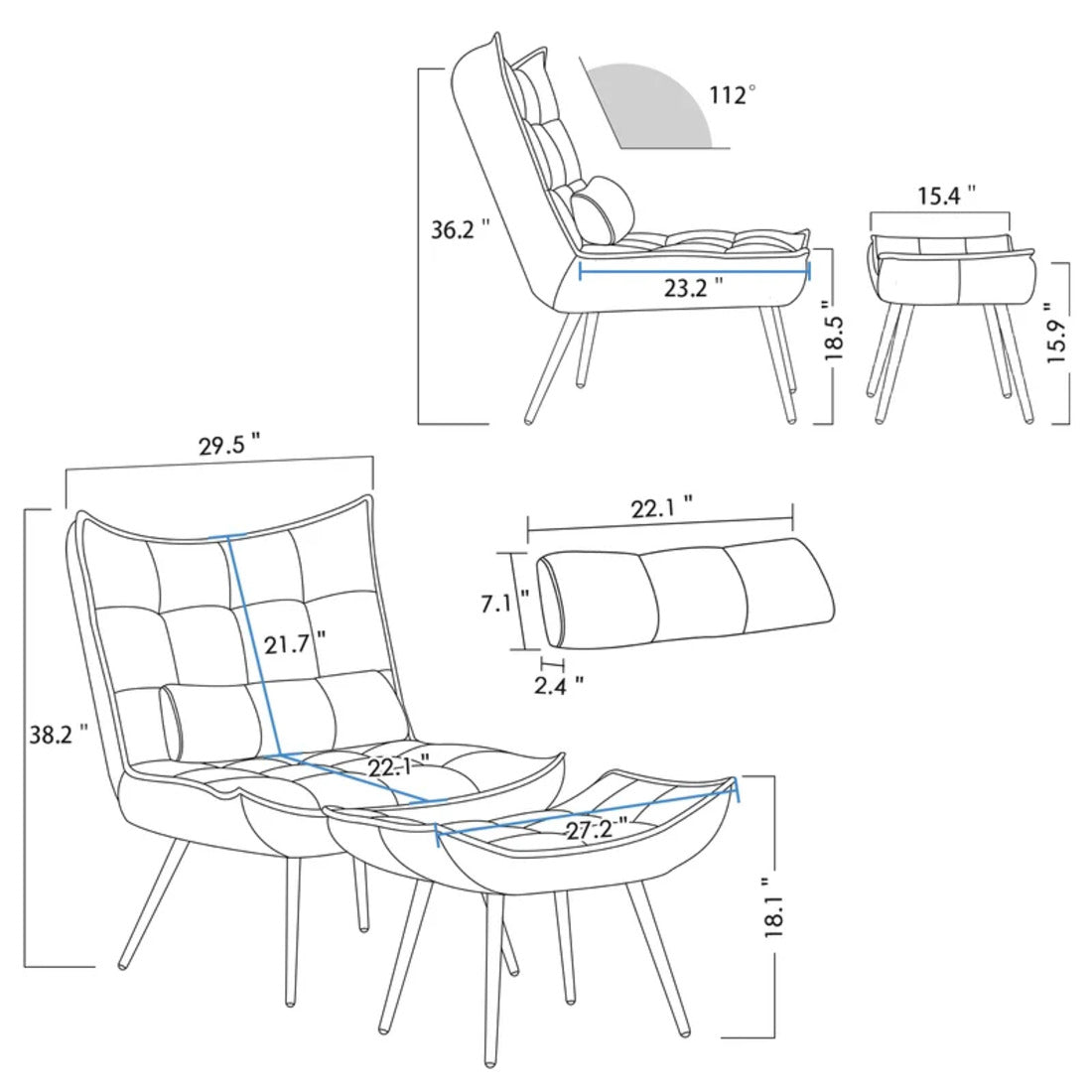 Tufted Long Back Grey Lounge Chair With Ottoman