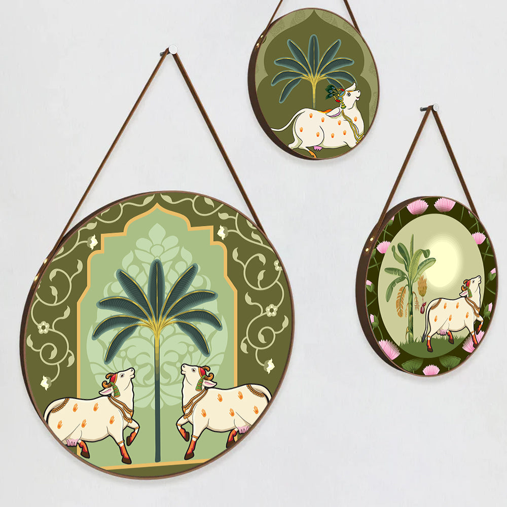 Set of 3 Exquisite Pichwai Round Wall Hanging Canvas Painting