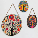 Indian Colorful Madhubani Art With Round Framed Floral Canvas Wall Painting - Set of 3