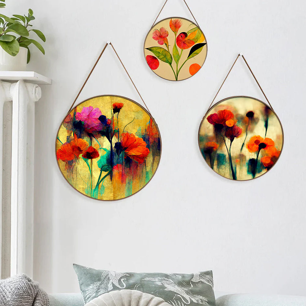 Multicolor Floral Round Framed Canvas Wall Paintings & Art - Set of 3