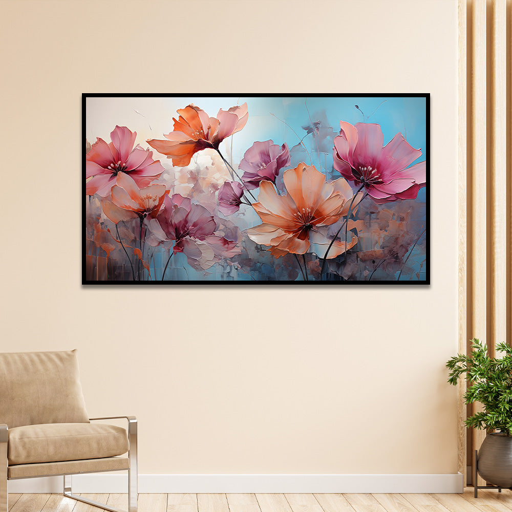 Pink Blooming Floral Canvas Painting for Wall Decoration