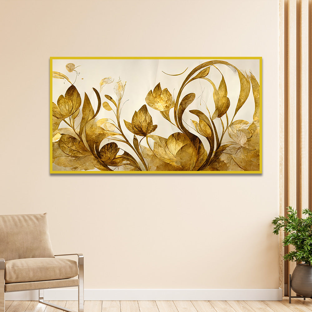 WallMelody Elegant Flowers Golden Leaf Floating Frame Canvas Wall Painting