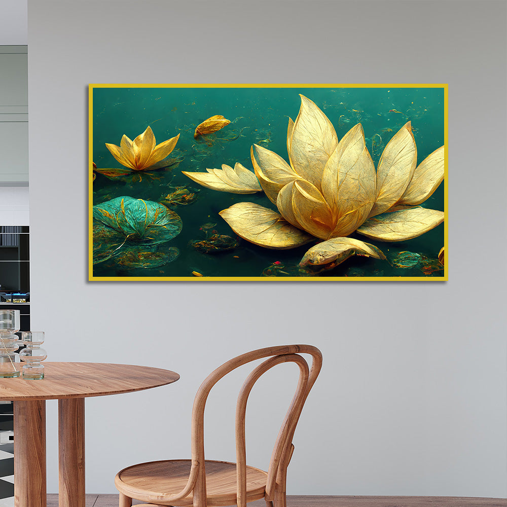 Elegant Golden Lotus Flower Green Leaf Vastu Painting for Home Décor