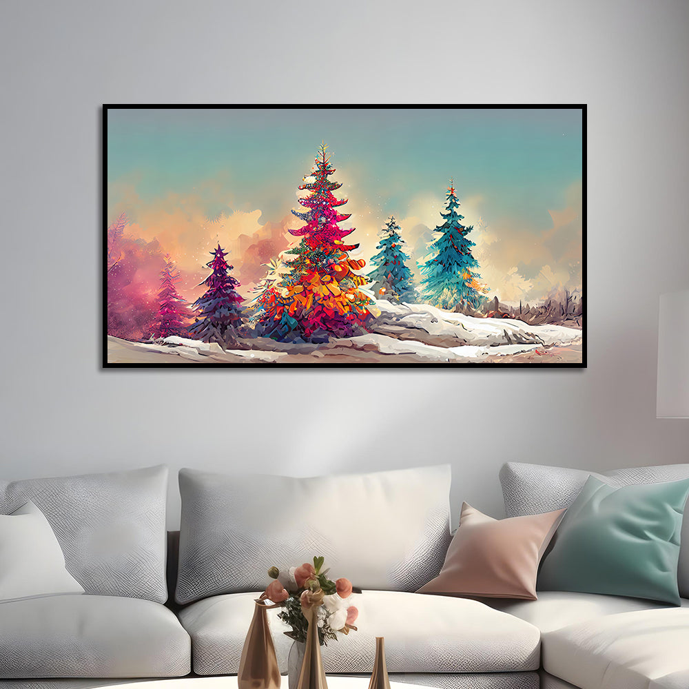 Colorful Tree in Snow Christmas Decoration Canvas Wall Painting