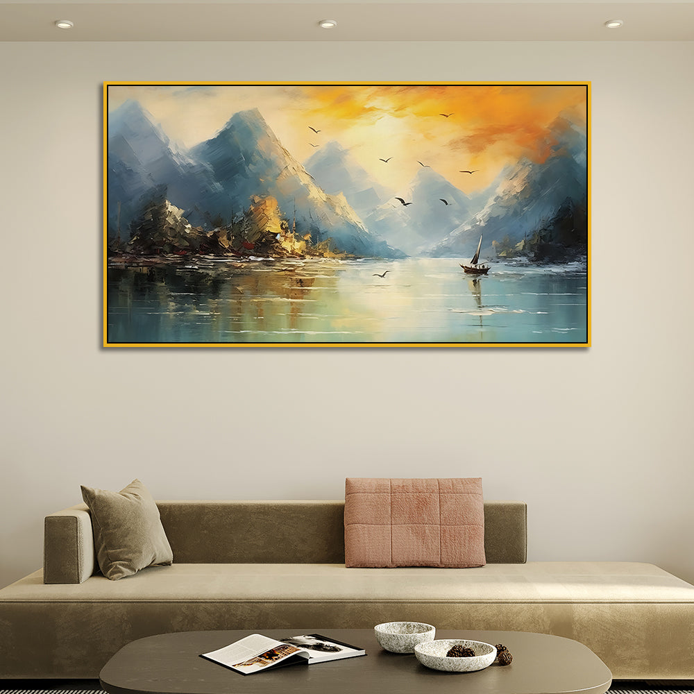 Lake View with Sailboat Abstract Canvas Wall Painting