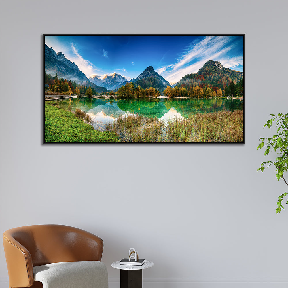 Beautiful Nature Calm Lake Reflection Canvas Wall Painting with Floating Frame
