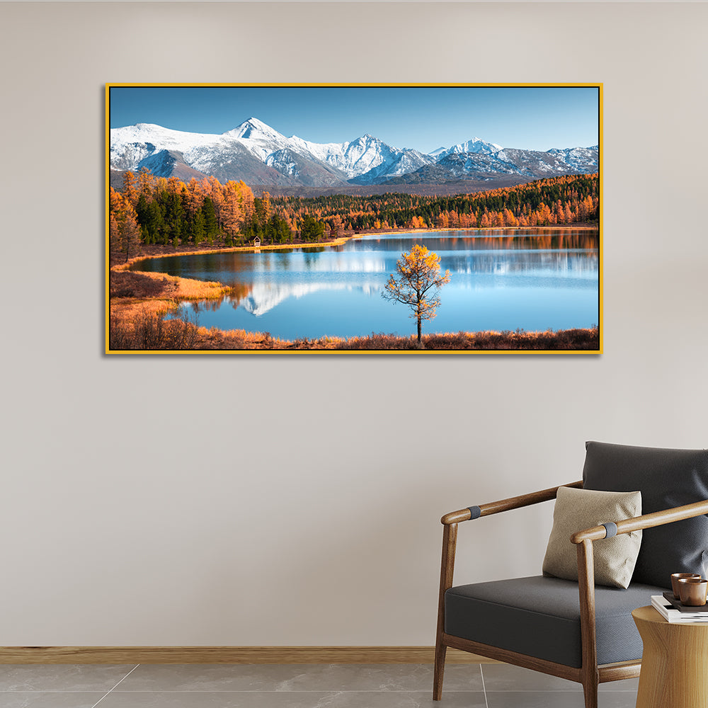 Snow Covered Peaceful Nature Mountain Lake Abstract Canvas Wall Painting