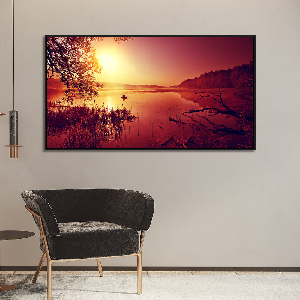 Beautiful Sunrise View on Calm Mountain Lake Vibrant Nature Canvas Wall Painting