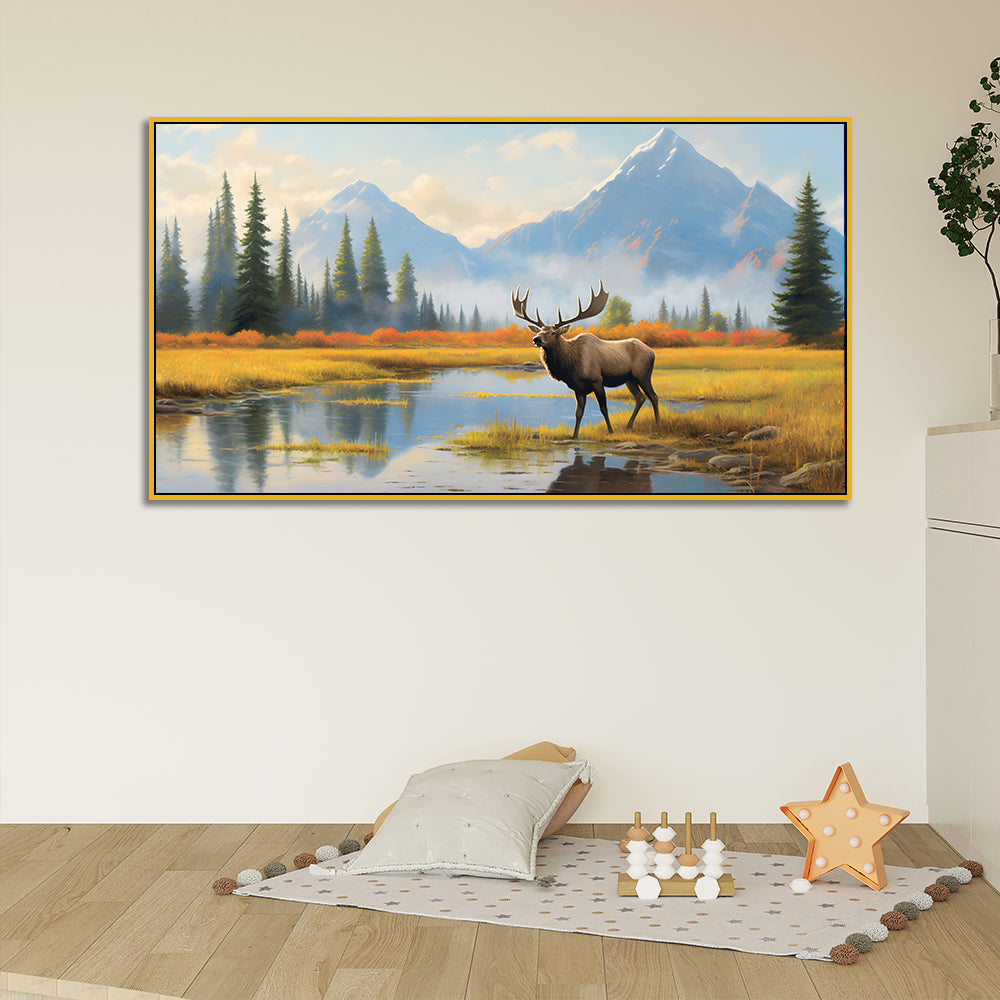 Elk Standing in River Bank with Trees & Mountains Canvas Painting