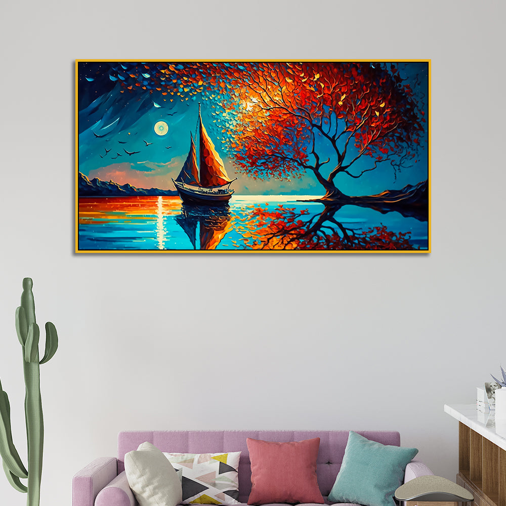 Sailboat with Full Moon Abstract Digital Printed Canvas Wall Painting