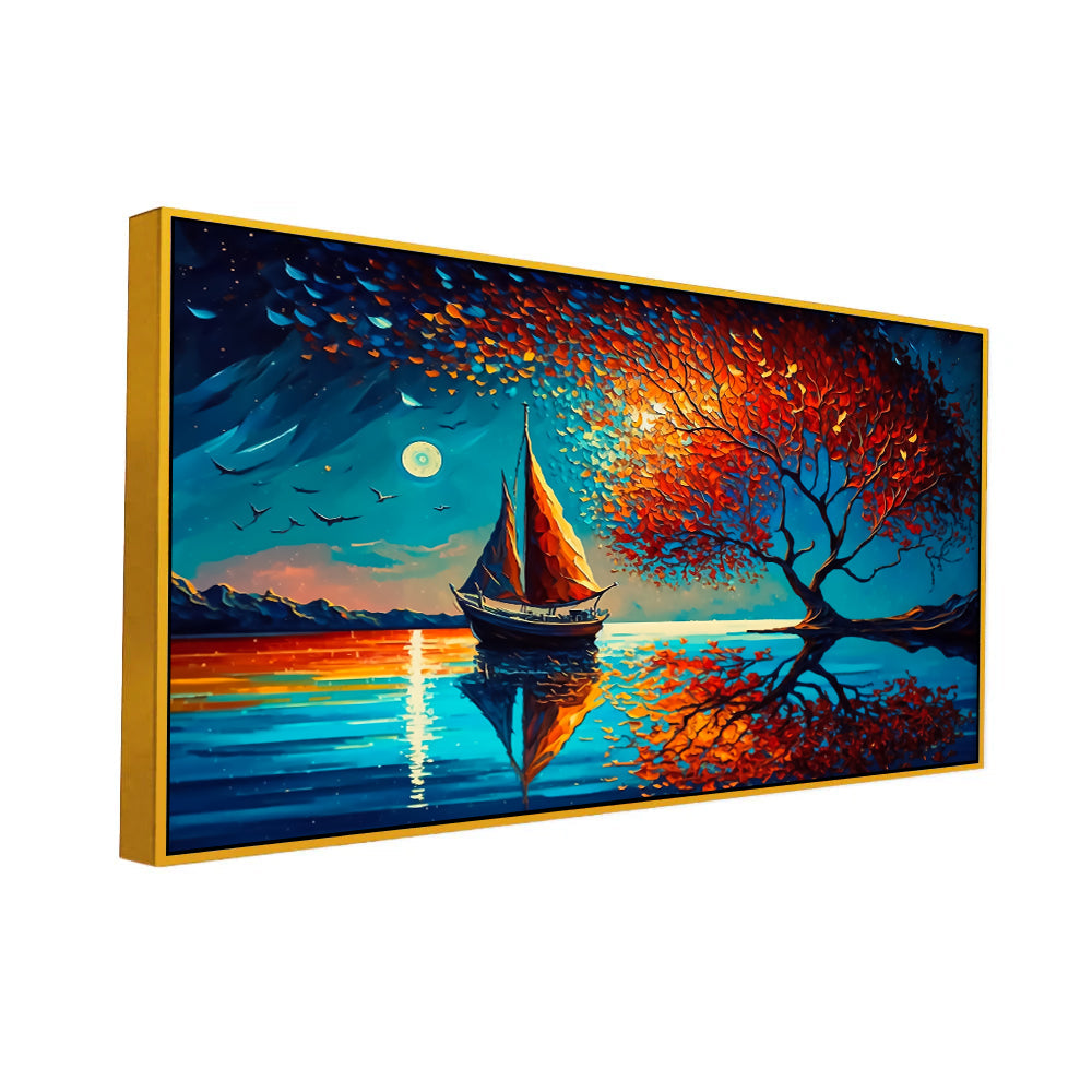 Sailboat with Full Moon Abstract Digital Printed Canvas Wall Painting
