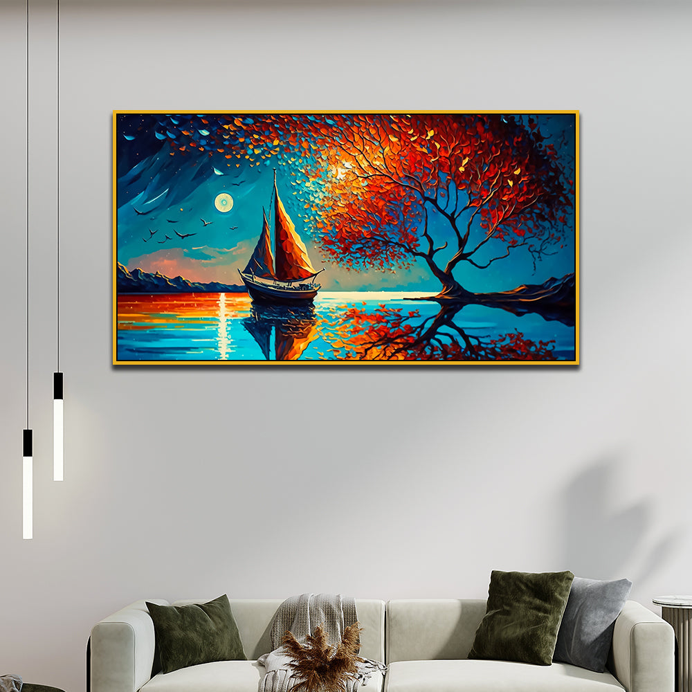 Sailboat with Full Moon Abstract Digital Printed Canvas Wall Painting
