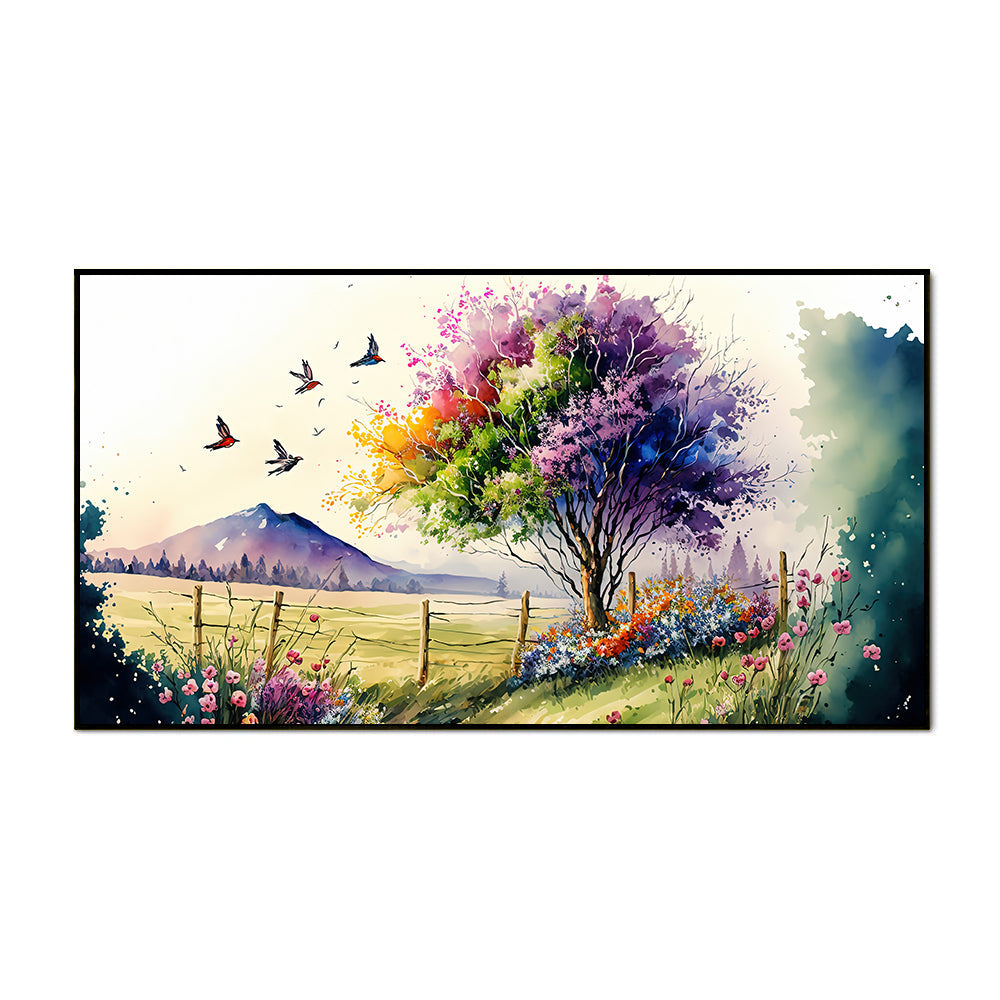 Panoramic Blooming Trees Multicolor Nature Landscape Canvas Wall Painting