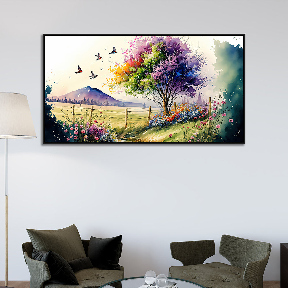Panoramic Blooming Trees Multicolor Nature Landscape Canvas Wall Painting