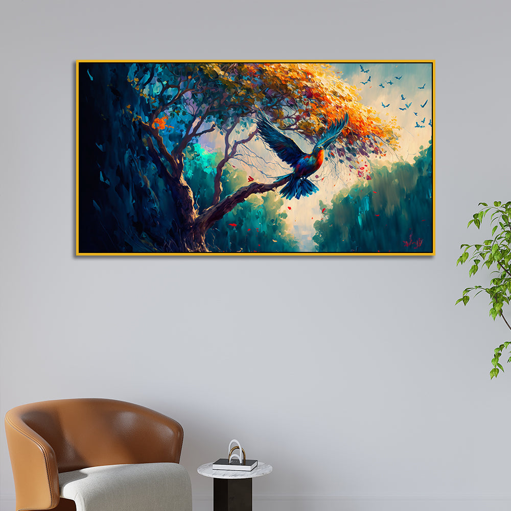 Beautiful Birds Flying in Majestic Forest Canvas Wall Painting with Frame