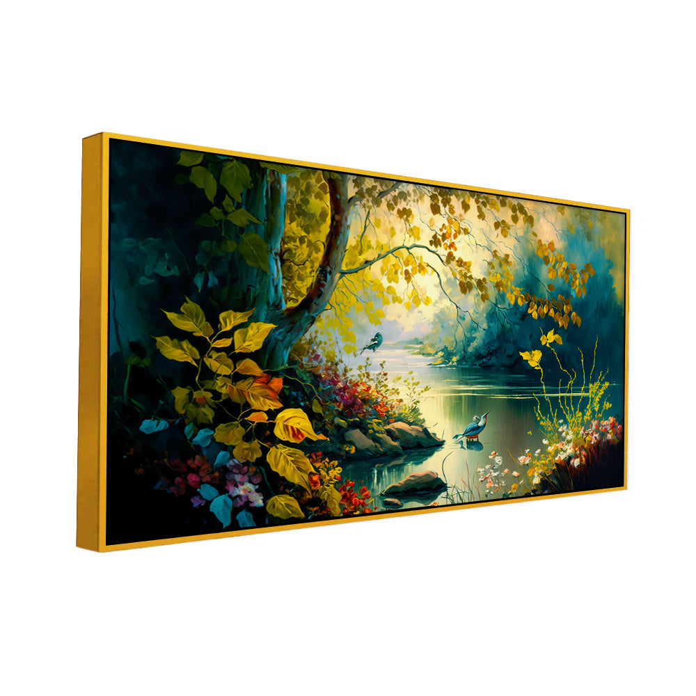 Vintage Landscape Canvas Painting of Forest Lake with Floating Frame