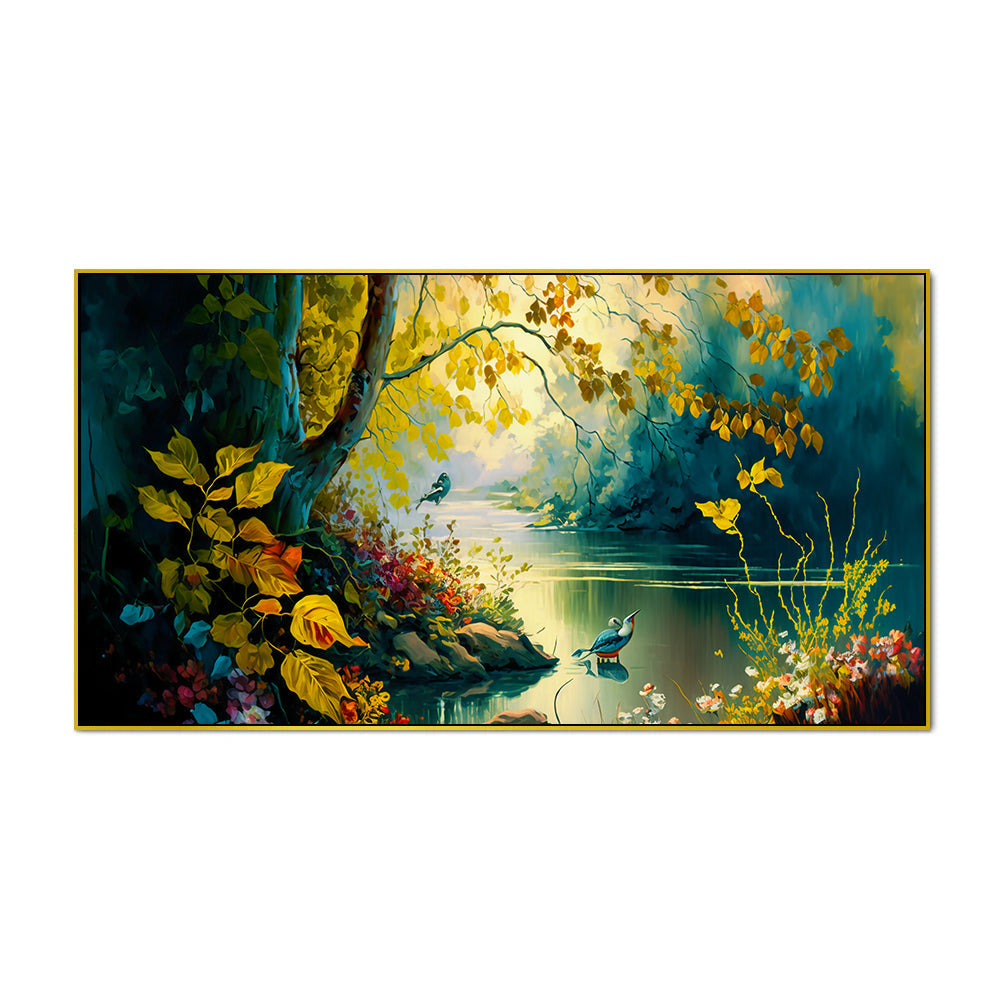 Vintage Landscape Canvas Painting of Forest Lake with Floating Frame