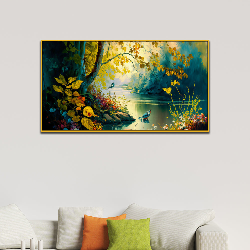 Vintage Landscape Canvas Painting of Forest Lake with Floating Frame