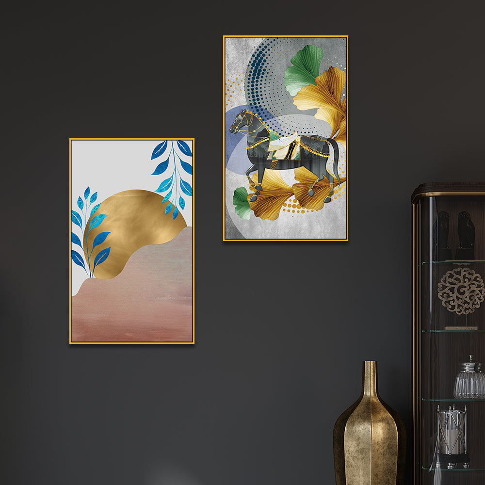 Mystery Golden Horse Modern Art Digital Print Canvas Wall Painting Two Pieces