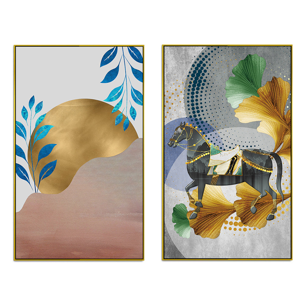 Mystery Golden Horse Modern Art Digital Print Canvas Wall Painting Two Pieces