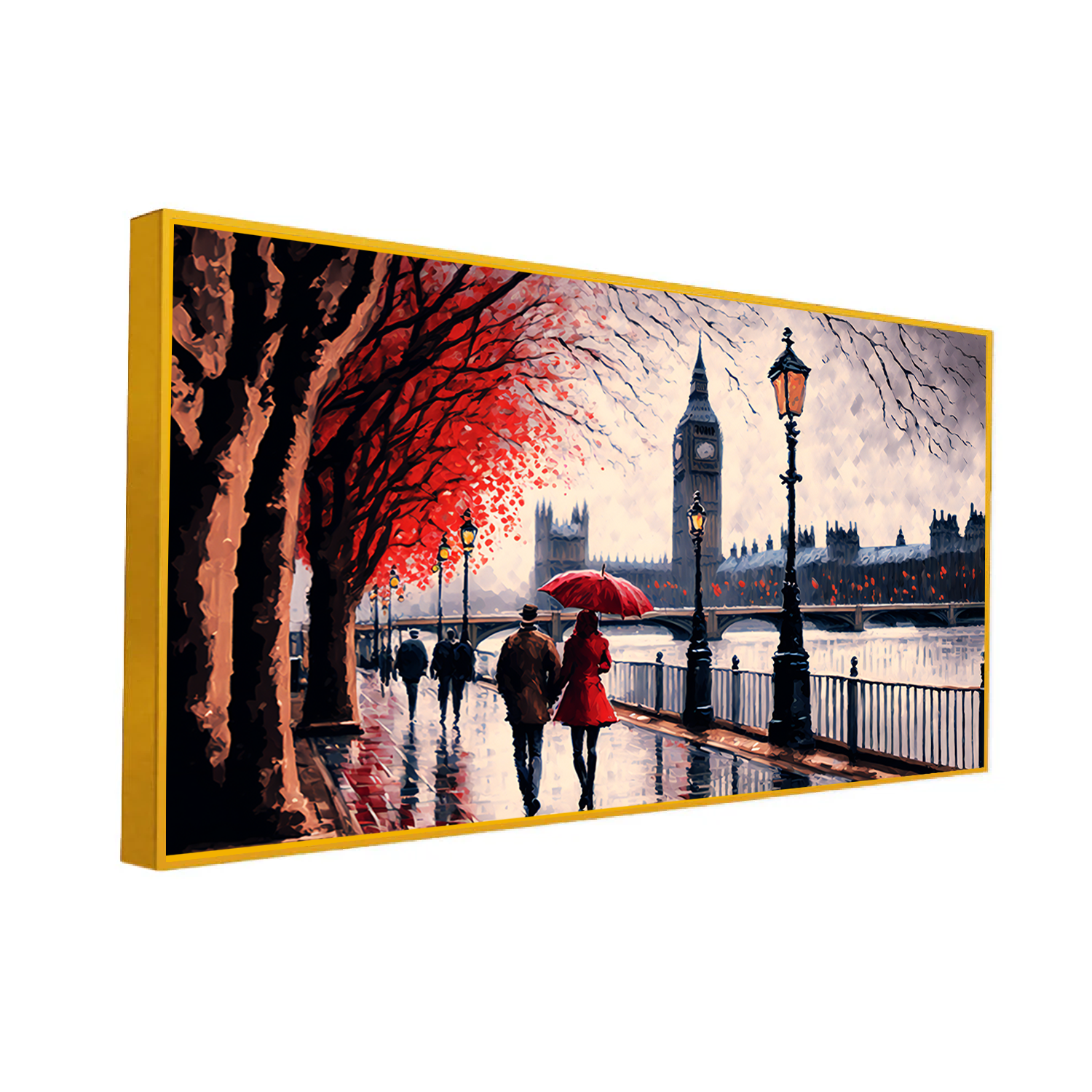 Romantic Couple Walking in Rain Sheltered by Red Umbrella Canvas Wall Painting