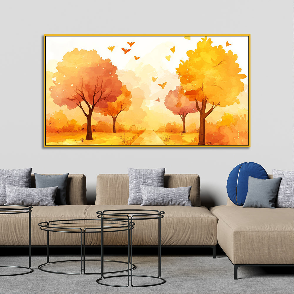 Beautiful Autumn Landscape Canvas Painting with Yellow Trees