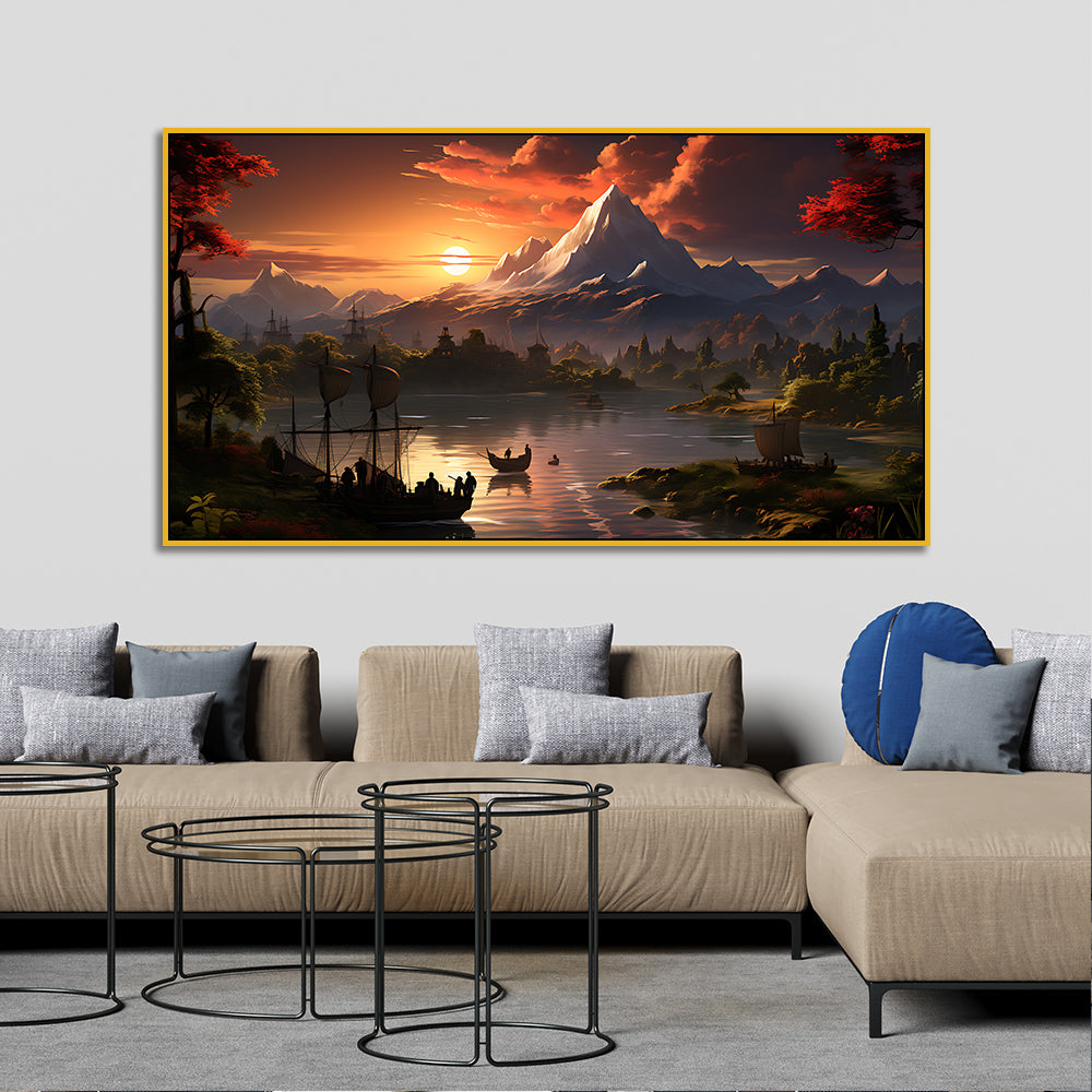Sunrise Over the Lake Calm Waters Landscape Nature Wall Painting