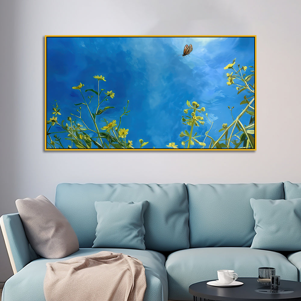Beautiful Wall Painting of Buttery Flying on the Yellow Flower Under the Blue Sky