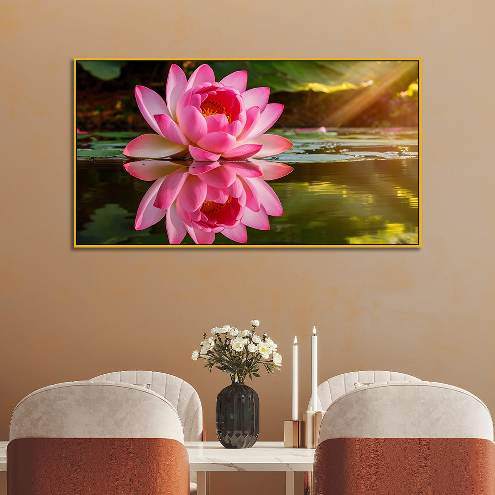 Elegant Pink Lotus Floating Frame Vastu Canvas Wall Painting