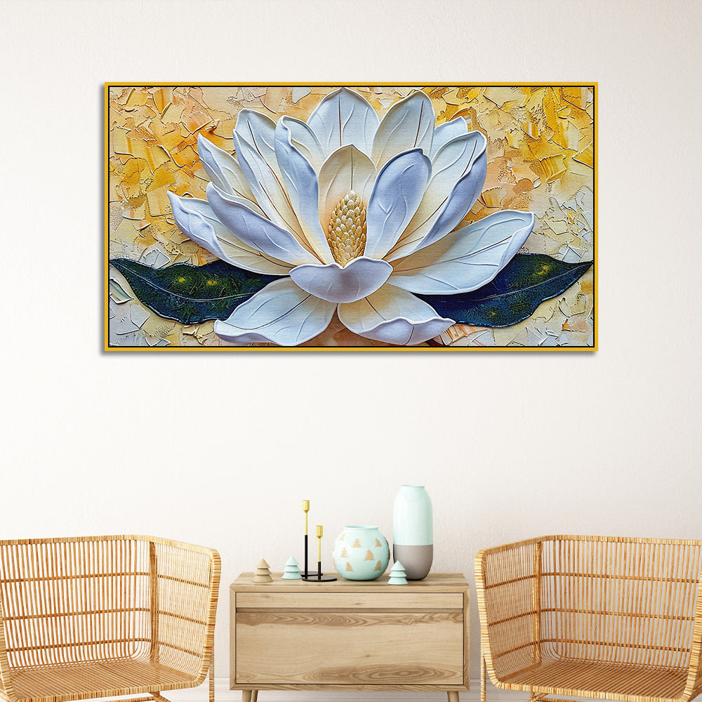 3d Abstract Elegant Golden & White Flower Floating Framed Wall Painting