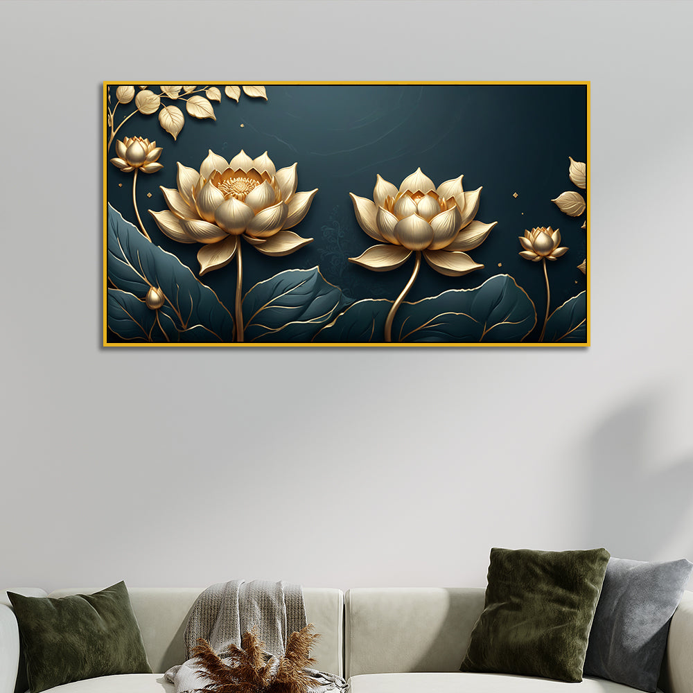 Modern 3d Golden Lotus Vastu Flower Canvas Wall Painting