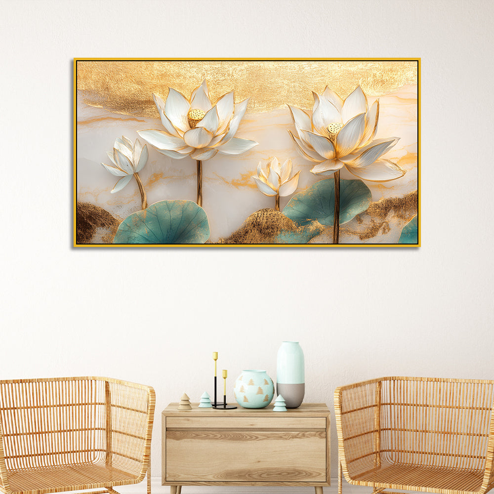White and Golden Lotus Flower Floating Frame Canvas Wall Painting