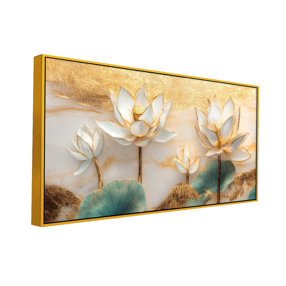 White and Golden Lotus Flower Floating Frame Canvas Wall Painting