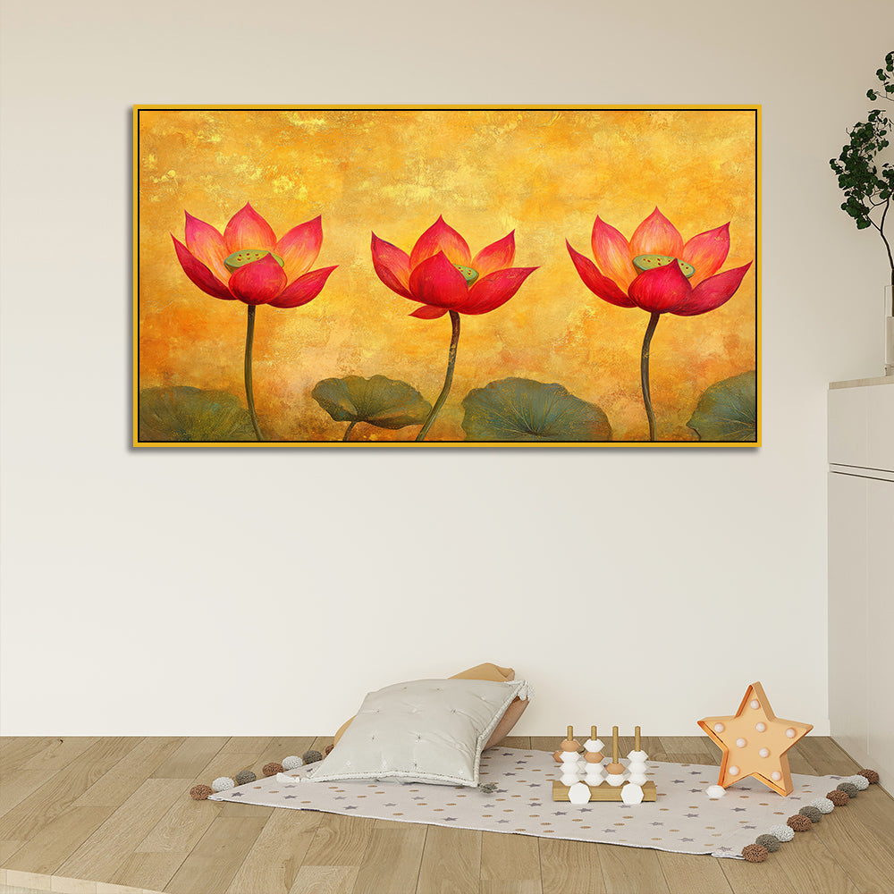 Pink and Golden Lotus Flower Floating Frame Canvas Wall Painting