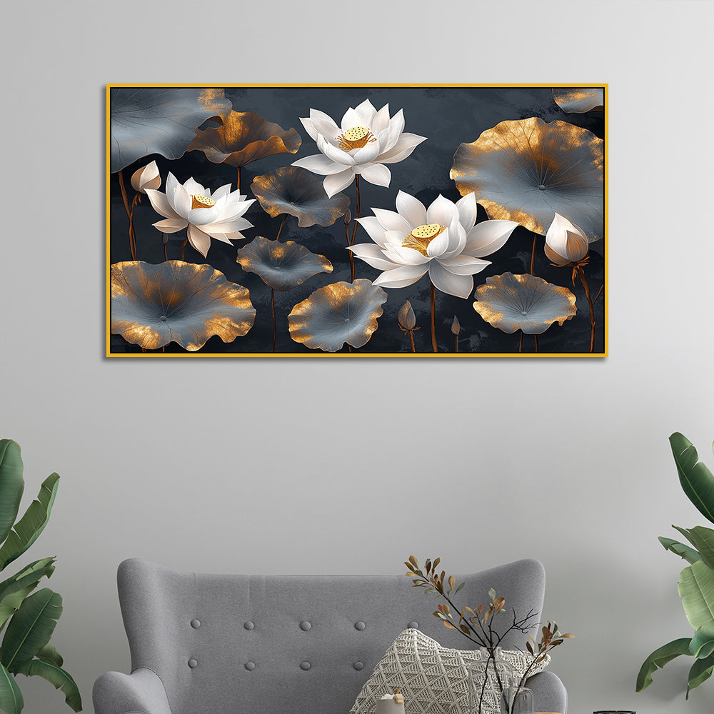 White and Golden Lotus Digital Printed Floral Canvas Wall Painting