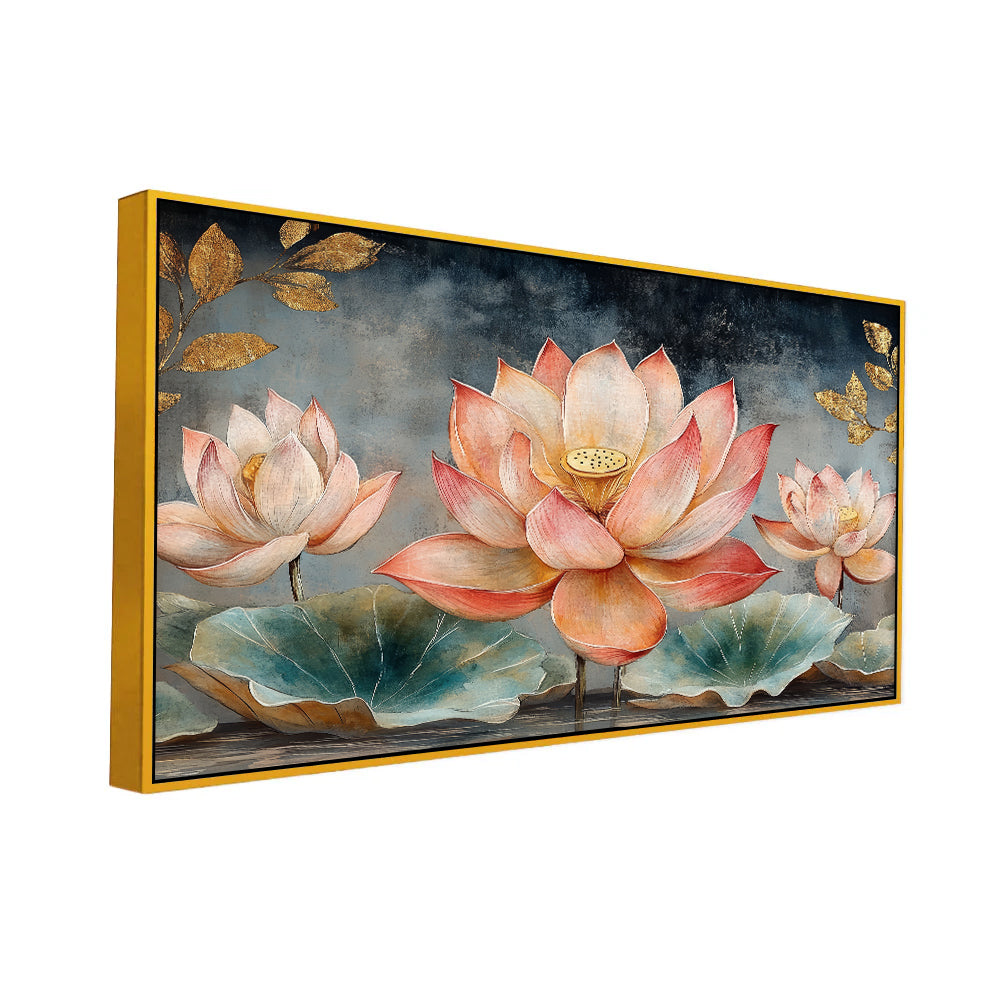 Pink and Golden Lotus Flower Digital Printed Canvas Wall Painting